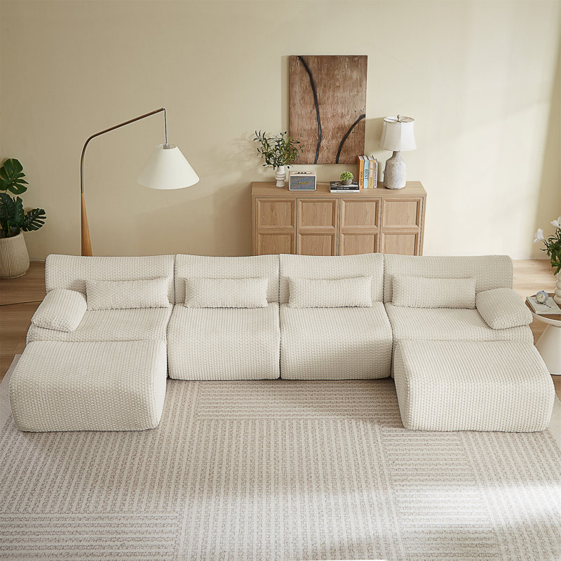 Canapé modulaire convertible en U avec repose-pieds, Velours côtelé crème