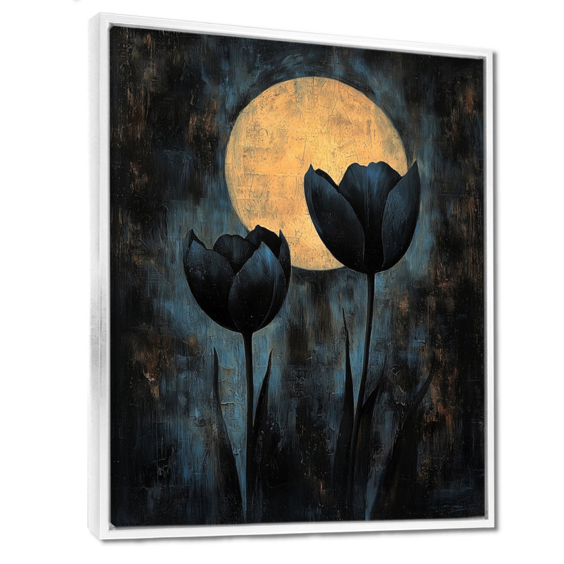 «Black Yellow Full Moon Tulips», reproduction sur toile, H 40 po x l 30 po, Reproduction avec cadre flottant, Blanc