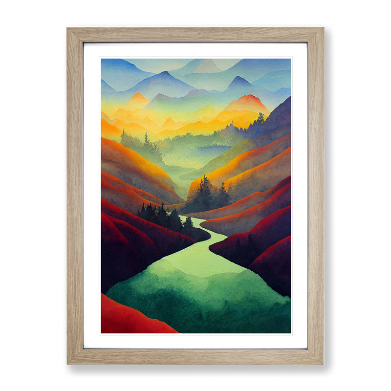 River Landscape Colourful No.1 - Framed Print, 34cm H x 25cm W x 2cm D, Oak