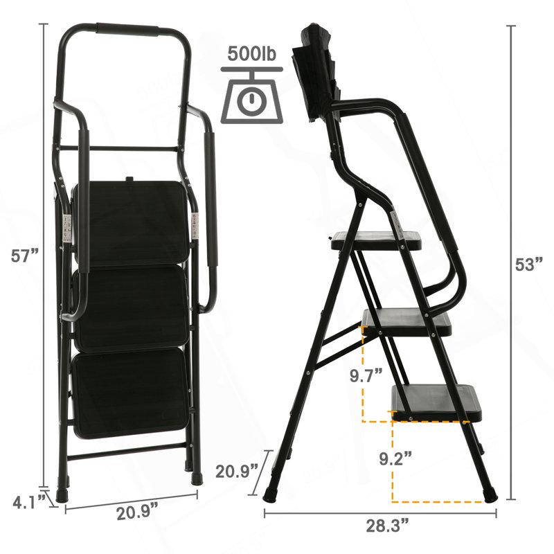 Échelle à 3 marches avec mains courantes Échelle pliante pour escabeaux d'une capacité de 500 lb Structure en acier avec mains courantes de sécurité Escabeau à pédale large antidérapant avec sac à outils amovible Noir