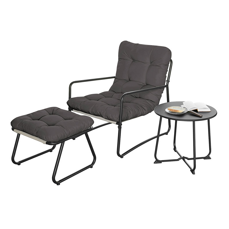 Ensemble de chaises longues 3 pièces en métal gris foncé avec repose-pieds et table d'appoint, Gris