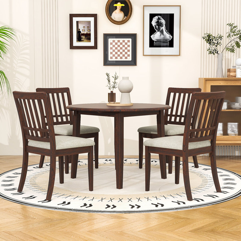 Ensemble de salle à manger 5 pièces à abattants avec table pliante en bois et 4 chaises rembourrées à dossier en lattes, Brun
