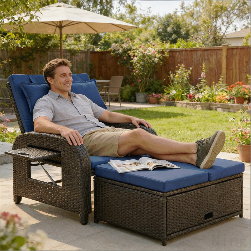 Wicker Outdoor Daybed,Rattan Daybed,Backrest Loveseat, Navy Blue