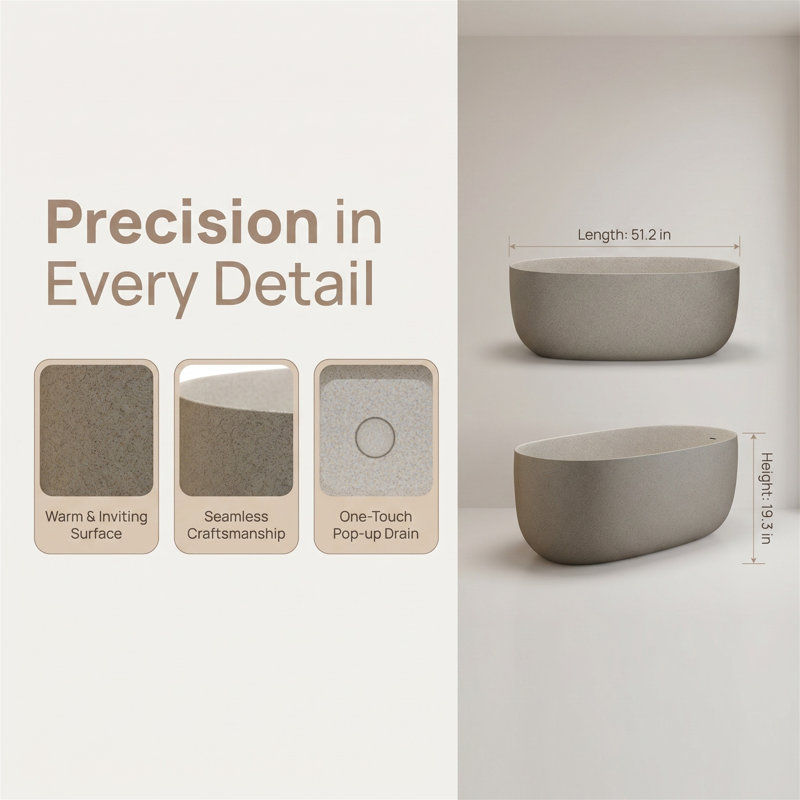51" Freestanding Soaking Bathtub, Stone Resin, Oatmeal Matte, Ergonomic Oval, Pop-Up Drain