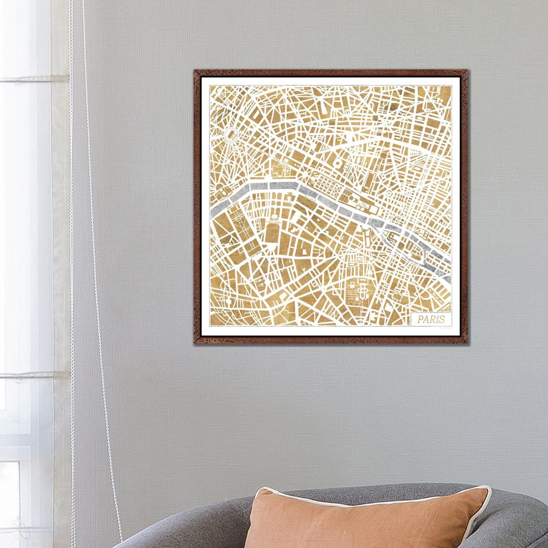 Vergoldete Paris-Karte von Laura Marshall - Galerie-verpackte Leinwand Giclée auf Leinwand