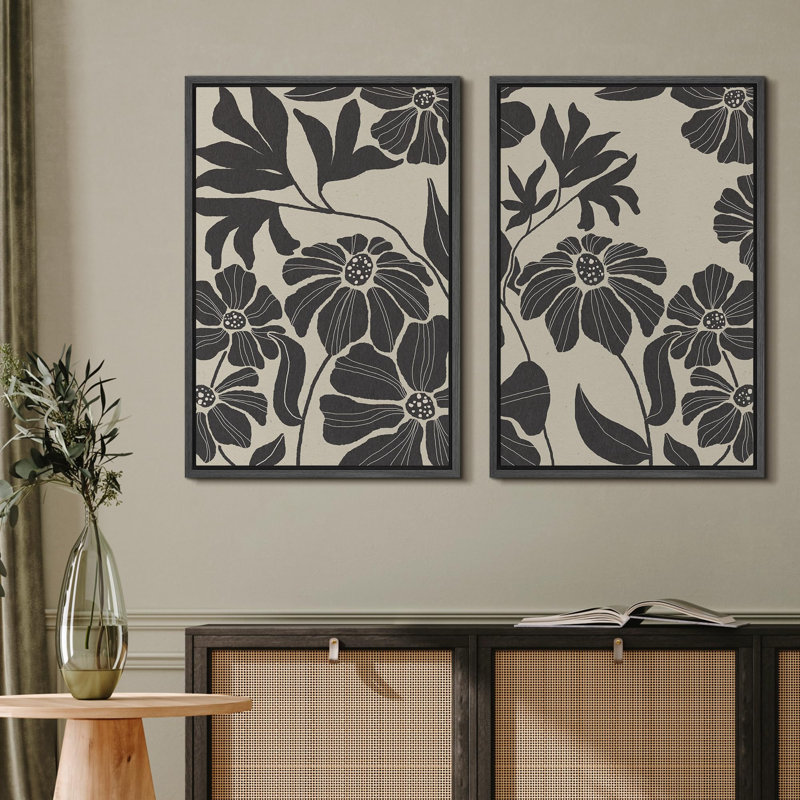 «Monochron floral botanique noir et blanc», 2 pièces sur toile, H 36 po x l 24 po, Noir