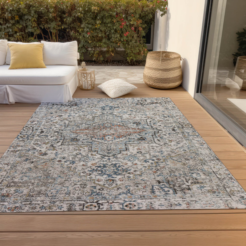 Machine Washable Indoor/Outdoor Xhevrie Ivory Rug, Rectangle 8' x 10'