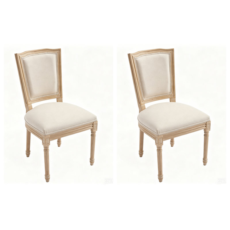 Ensemble de 2 chaises de salle à manger rembourrées, en lin de coton de style français et chaises d'appoint en bois massif pour le salon, la cuisine, le restaurant, beige