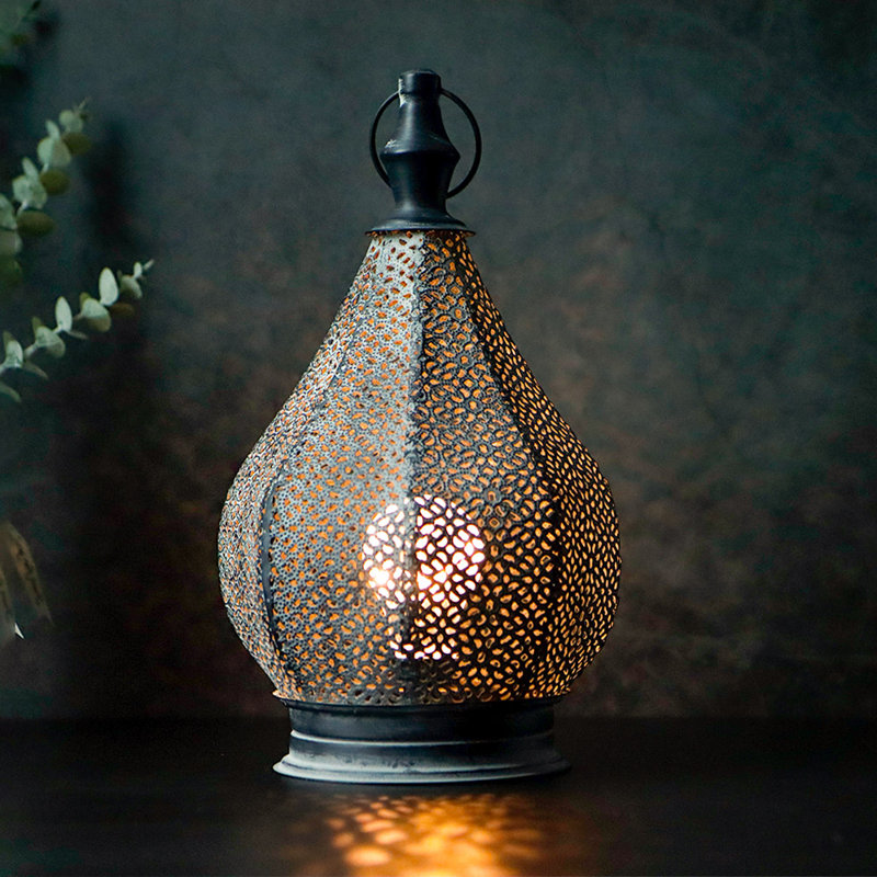 12"H Moroccan Style Metal Table Lamp with Fairy Lights Bulb