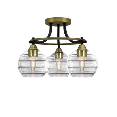 Paramount 3 Light Semi-Flush Shown In Matte Black & Brass Finish With 6" Clear Ribbed Glass