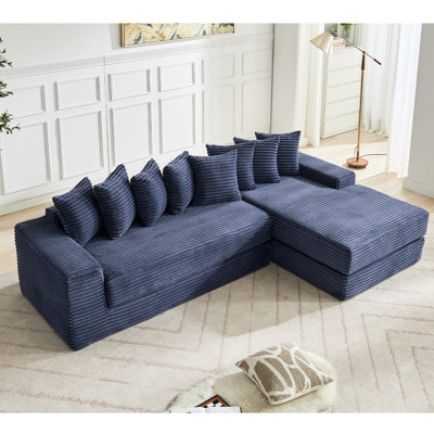 Nouveau lit convertible en L en velours côtelé 3 places, bleu, sans assemblage, 8 coussins, option de rangement