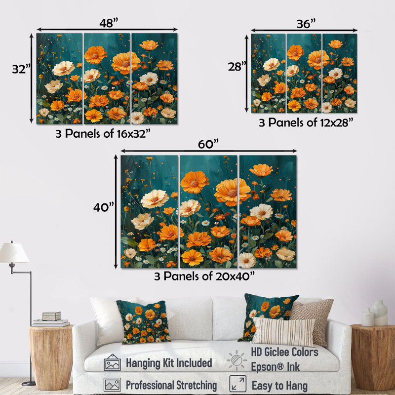 «Yellow Yellow Summer Meadow Marigolds I», ensemble de reproductions d'art mural, H 28 po x l 36 po x P 1 po