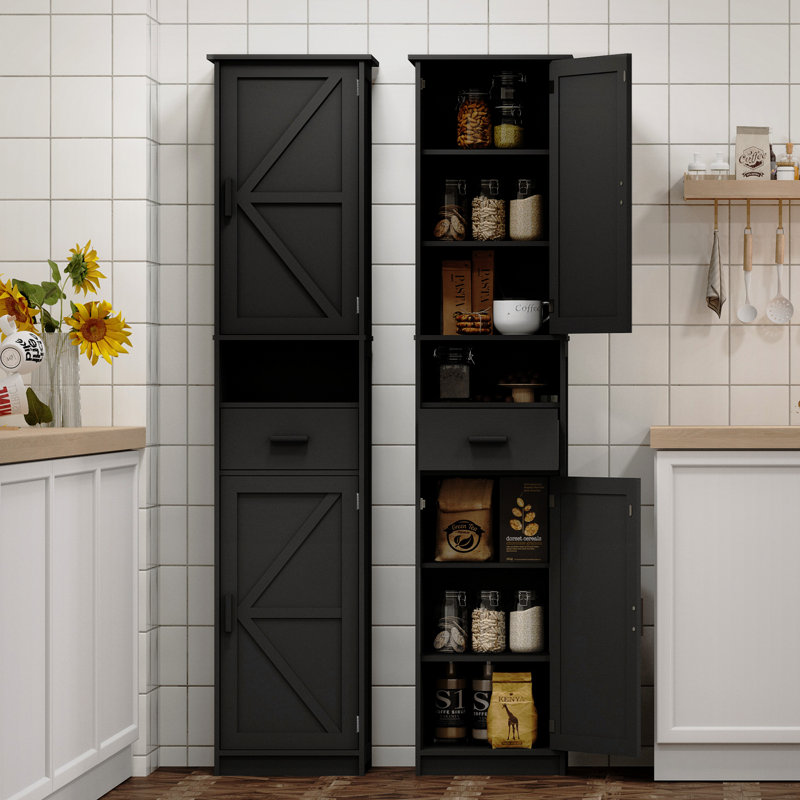 69" H Tall Bathroom Storage Cabinet With 2 Barn Doors And 1 Drawer, Black