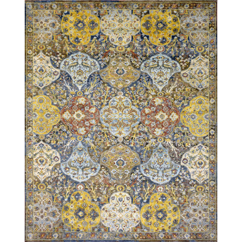 Tapis rectangulaire abstrait en laine noué à la main or / bleu, Rectangle 8 pi x 10 pi