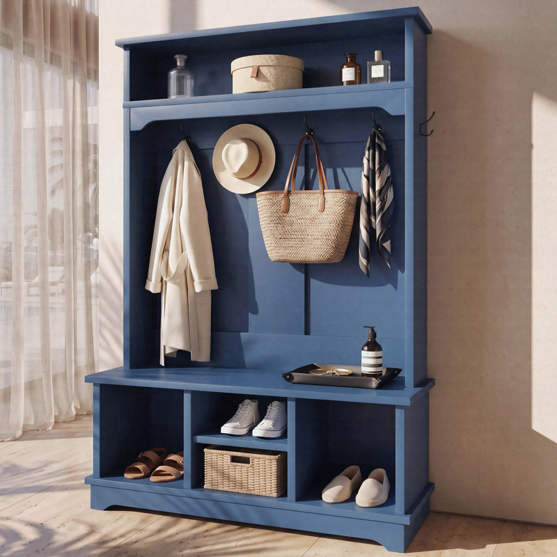 3-in-1 Hall Tree with Shoe Storage Bench, Coat Rack Entryway Organizer with 4 Shoe Cubbies and Top Storage Shelf, Blue