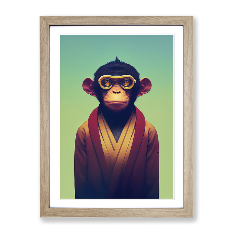 Futuristic Monkey - Single Picture Frame Print, 64cm H x 46cm W x 2cm D, Oak