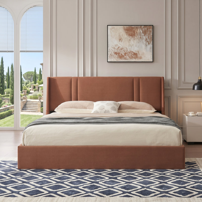 41.7" Velvet Curved Wingback King Bed Frame with Hydraulic Lift, No Box Spring Needed, Ocher, Ocher, King