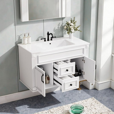 36'' Single Bathroom Vanity with Ceramic Sink, Open Shelf, 2 Drawers