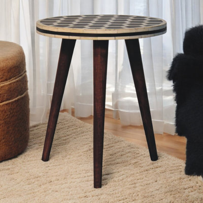 Incrustation d'os en bois massif brun foncé avec tabouret à trépied miel, finition caramel