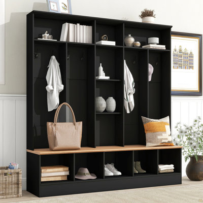 Portemanteau large avec banc de rangement, armoire à chaussures minimaliste avec rangement cubique et tablettes, portemanteau multifonctionnel avec 8 crochets