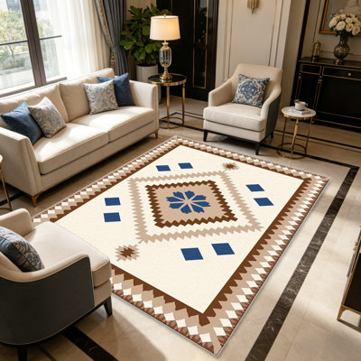 Tapis Navajo bleu-brun pour le salon, doux et confortable, adapté à toutes les saisons, facile à entretenir, tapis de sol intérieur lavable à la machine, sous la table de ferme convenant à la chambre à coucher, à la salle à manger, au bureau, au balcon, au patio de décoration intérieure
