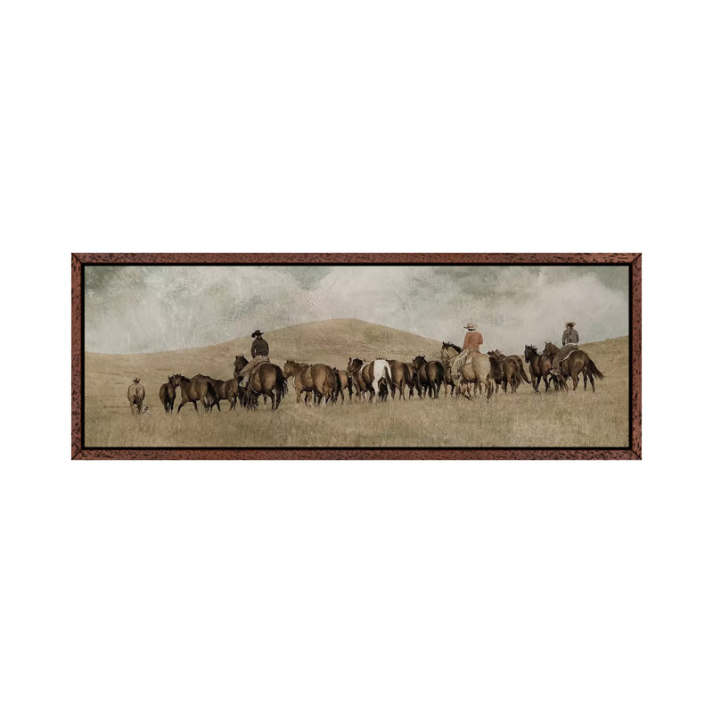 3 Girls Round Up by Rhonda Thompson - Panoramic Painting on Canvas, Classic Brown Wood Framed