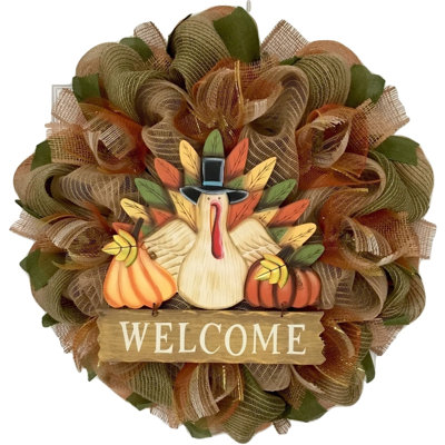 Thanksgiving Burlap Wreath With Turkey Welcome Sign