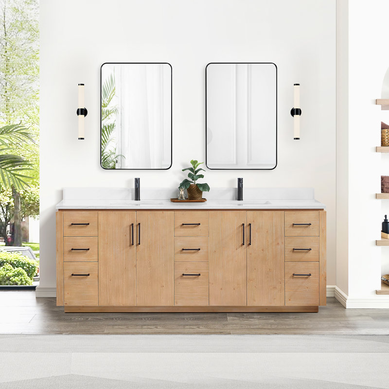 Meuble-lavabo double 84 po Cloverfield, Bois de sapin brun, Noir mat