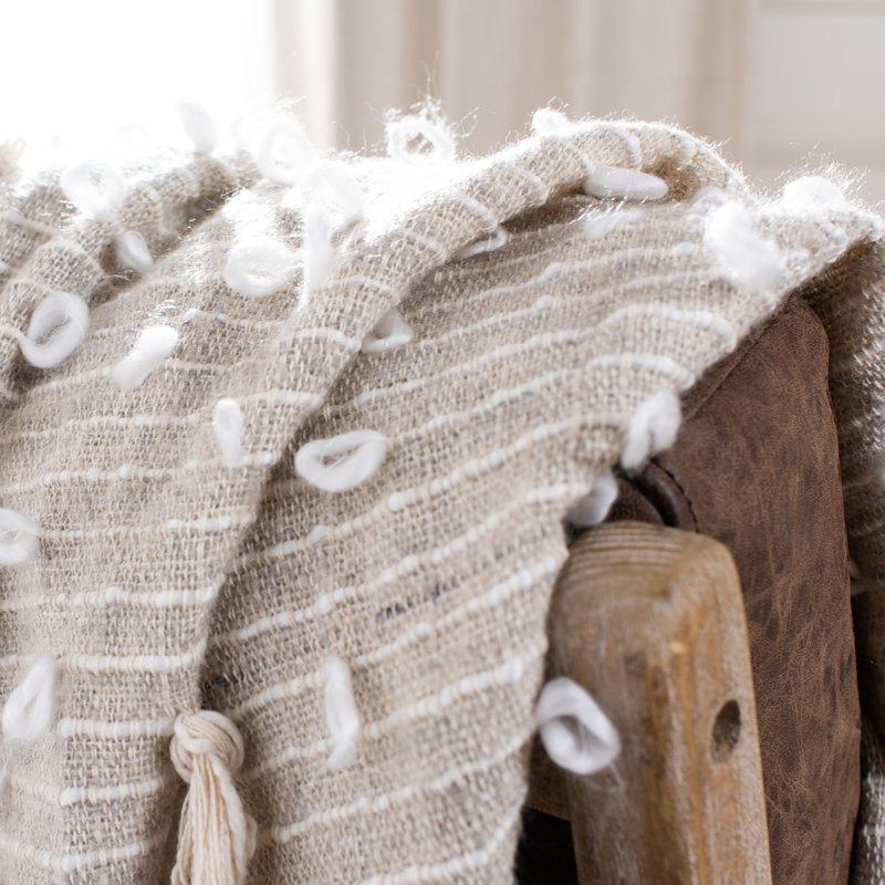 Beige and Blue Reversible Wool Throw Blanket