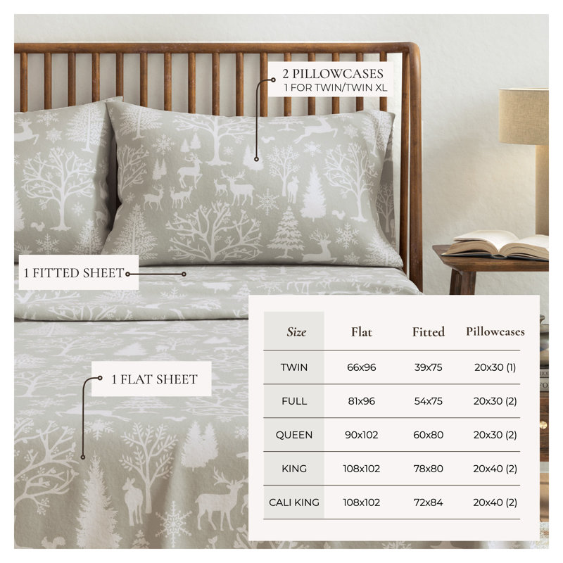 100% Turkish Cotton Flannel Christmas Sheet Sets, Enchanted Woods Gray, California King with 2 Pillowcases
