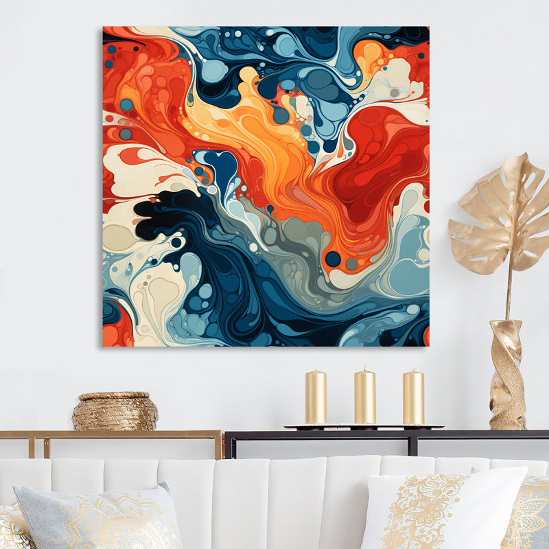 Bleu et orange, liquide, encre de rivière III - encre liquide, art mural abstrait en métal, H 29 po x l 29 po
