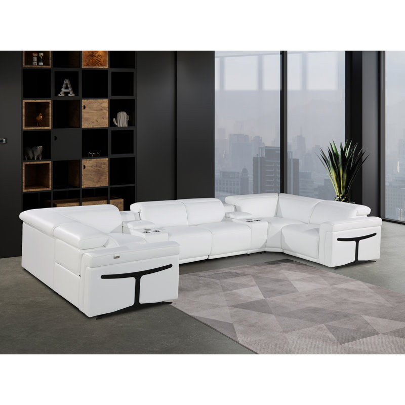 Stanwinn 8 – Piece 2 Power Reclining Top Grain Italian Leather Sectional with Power Headrest, White Genuine Leather