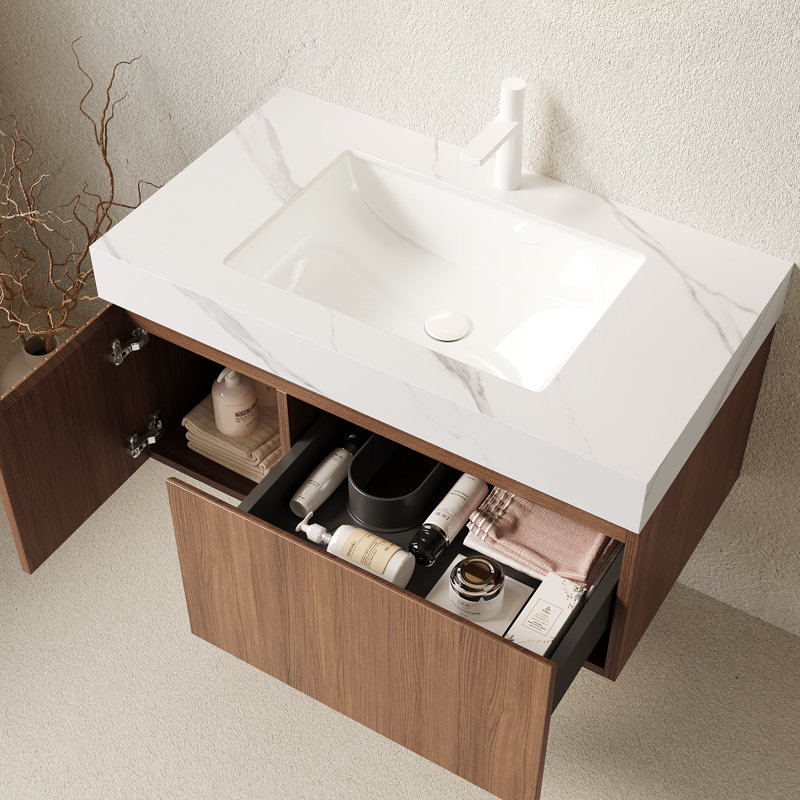 Meuble-lavabo moderne en chêne brun avec lavabo, grain de bois durable pour la maison