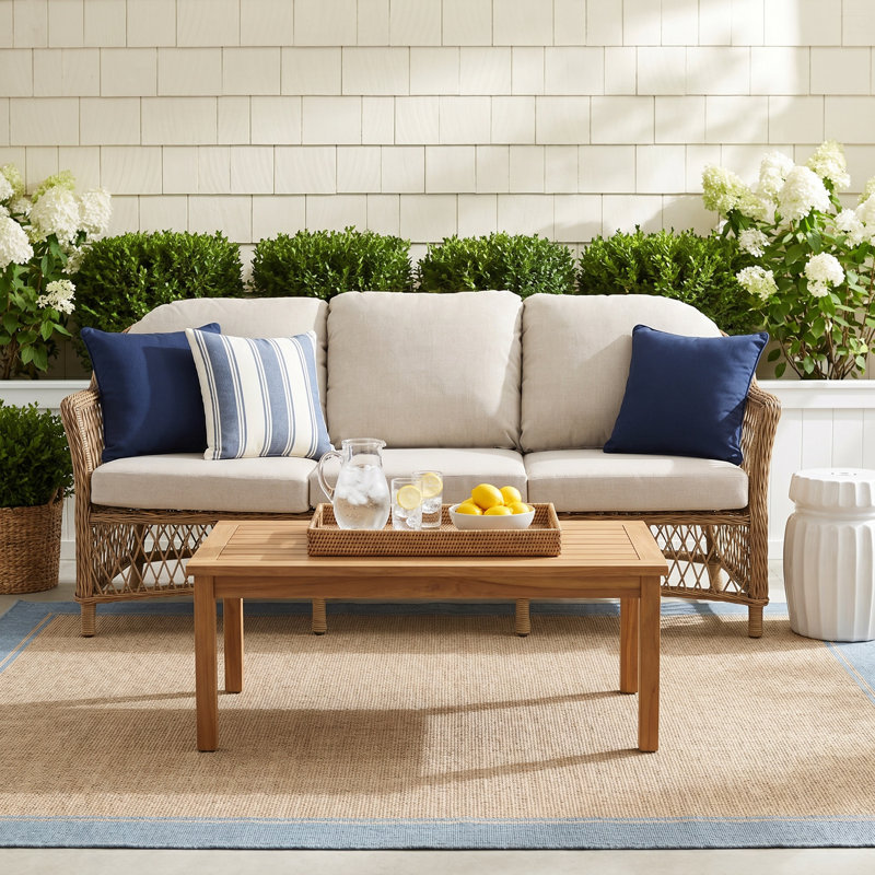 Kyla 1-Piece Wicker Patio 3-Seater Sofa With Beige Cushions
