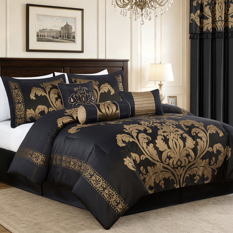 Royale Jacquard Floral 7 Piece Comforter Set, California King Comforter + 6 Additional Pieces, Black/Gold