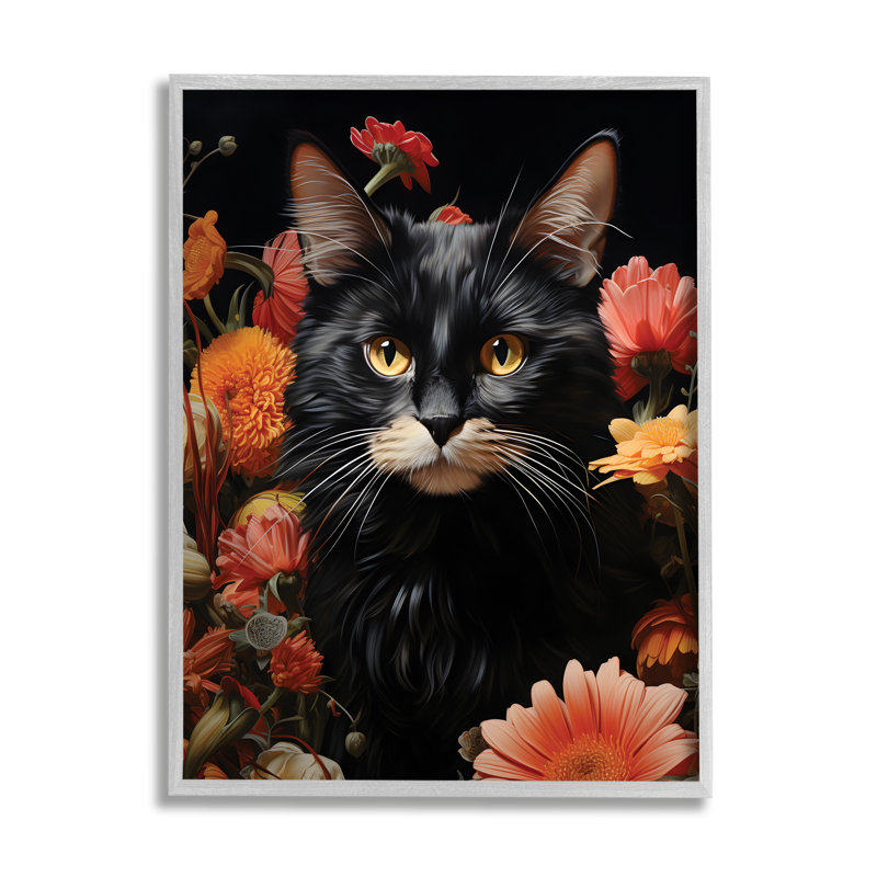 «Cat & Blooming Flowers» par Gary Shergill Designs, reproduction d'art sur toile, Estampe numérique Farmhouse