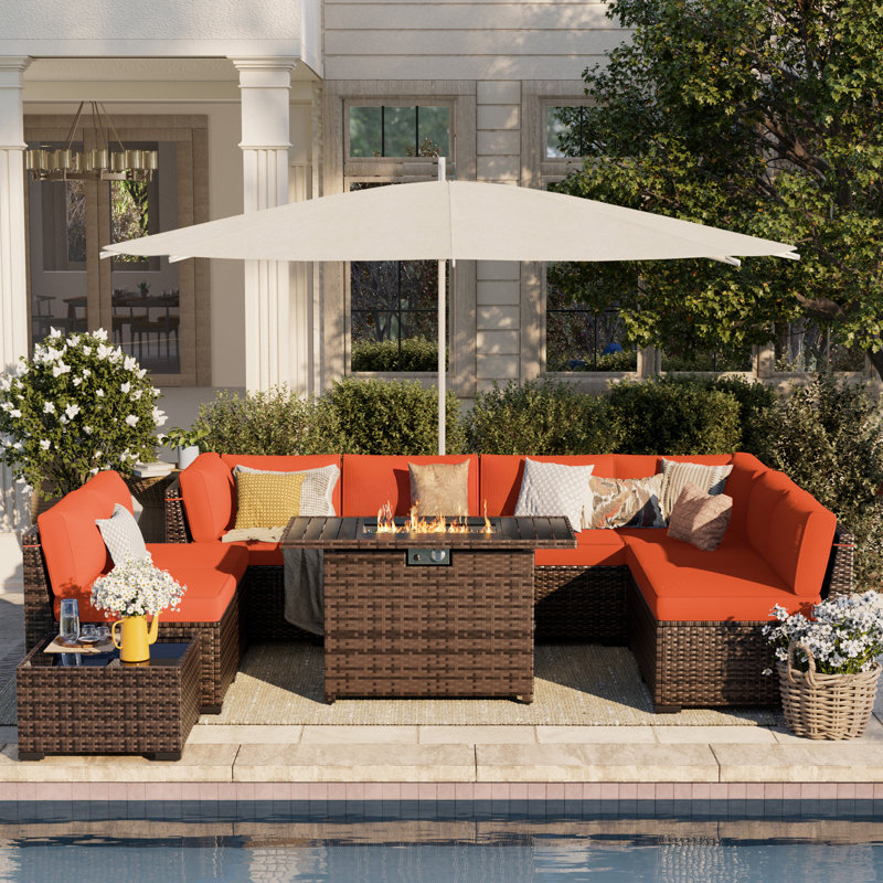 Avamay Rattan Sectional Seating Group with Cushions, Orange Performance Microfiber, Yes