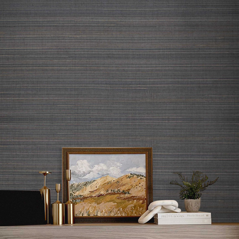 Fine Weave Abaca Authentic Grasscloth Wallpaper, Black/Blue