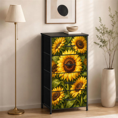 Commode 4 tiroirs pour chambre à coucher Tournesol floral pétales jaunes éclatantes feuilles vertes Petite grande commode à vêtements pour organisateurs de placard avec commode