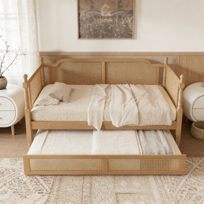 Traditional Rattan Twin Daybed With Twin Trundle - Antique Walnut, Space-Saving For Guest Rooms, No Box Spring Required