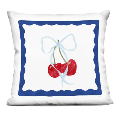 Cherries & Blue Ribbon Decorative Printed Throw Pillow, design by Lucille Price, 18 x 7 x 18
