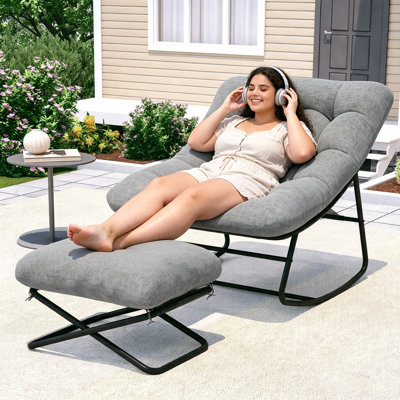 Rocking Chair With Footrest, Papasan Rocking Chair With Thick Cushion For Patio, Porch, Balcony And Indoor, Gray