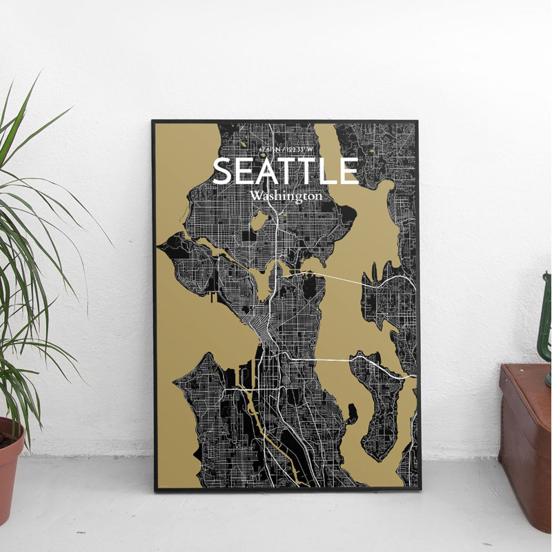 « seattle city map », reproduction d’impression sur affiche en luxe, H 20 po x l 16 po x P 0,05 po