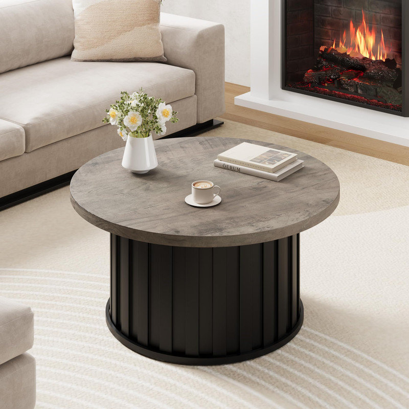 Table basse ronde, table basse moderne Mid-Century avec base en métal, table centrale cannelée de 31,9 po pour le salon, la maison et l'espace