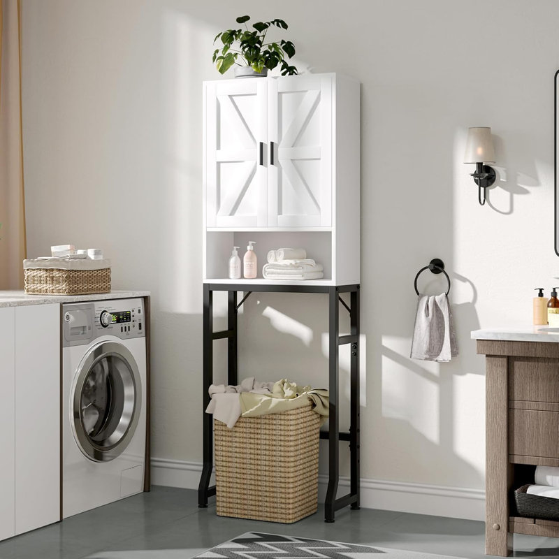Over Toilet Storage Cabinet, Bathroom Organizer with Barn Doors, Thickened Metal Frame & MDF Wood, Freestanding Space Saver for Bathroom, White