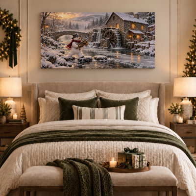 «Snowman Carrying Firewood» par Stone Watermill, art mural sur toile de Noël