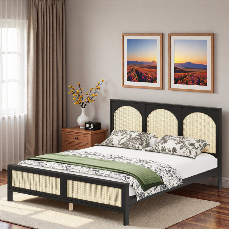 Wood Platform Bed With Rattan Headboard, Black, King