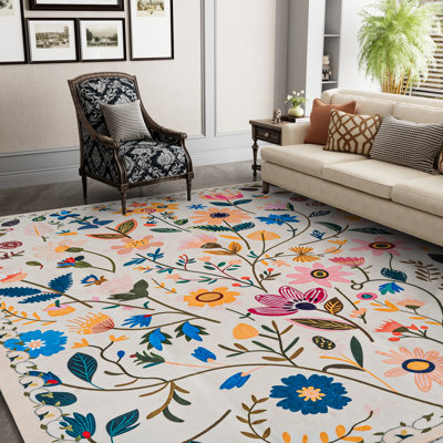 Nature Voja Floral Non-Slip Machine Washable Colorful Modern Area Rug in White for Living Room, Bedroom, Hallway Runner, Entryway Rugs