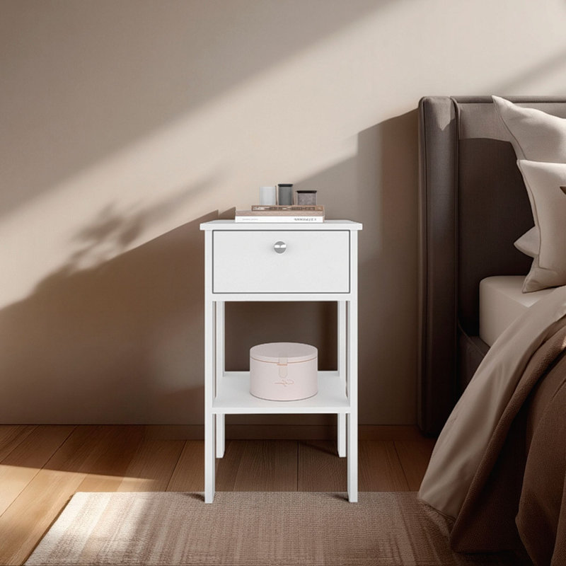 Table de chevet Newcastle avec un tiroir et une tablette ouverte, table de chevet moderne, Blanc