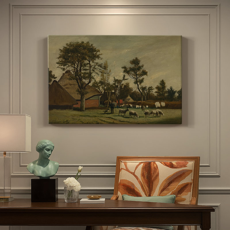 Paysage avec une volée de moutons-Henri de Braekeleer-Toile tendue avec châssis-c. Fin du 19e siècle, 24 po x 36 po